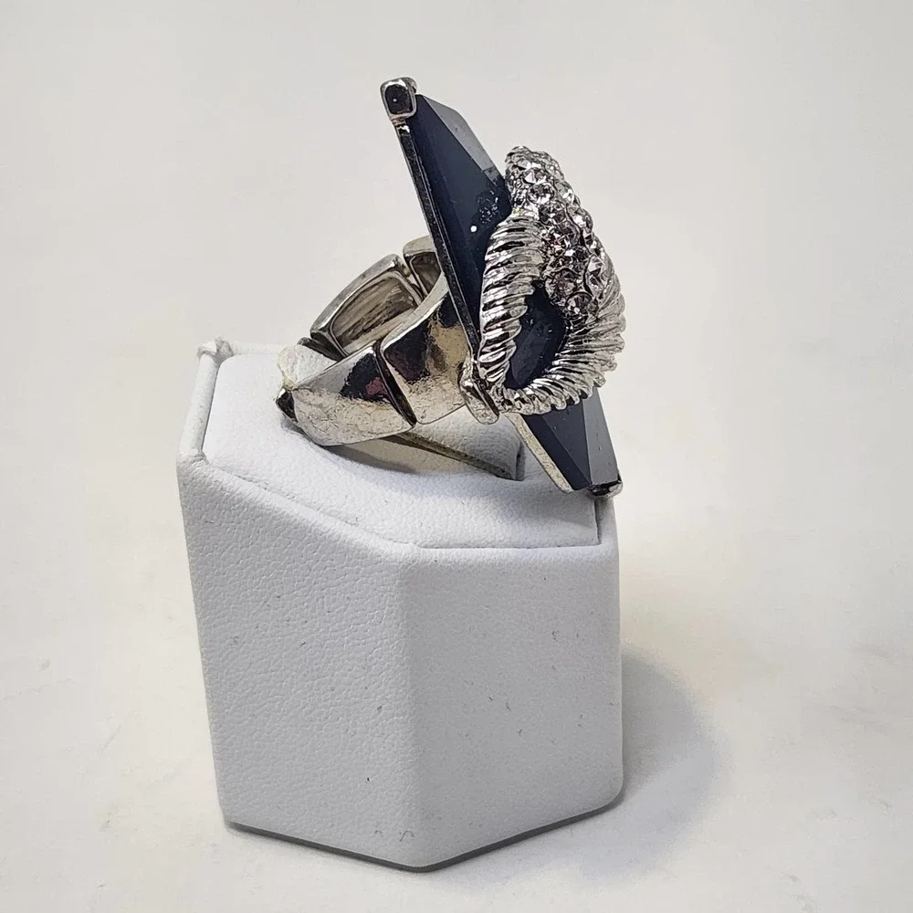 Crystal Pave Blue Faux Stone Cocktail Statement Stretch Ring Silver Tone Chunky